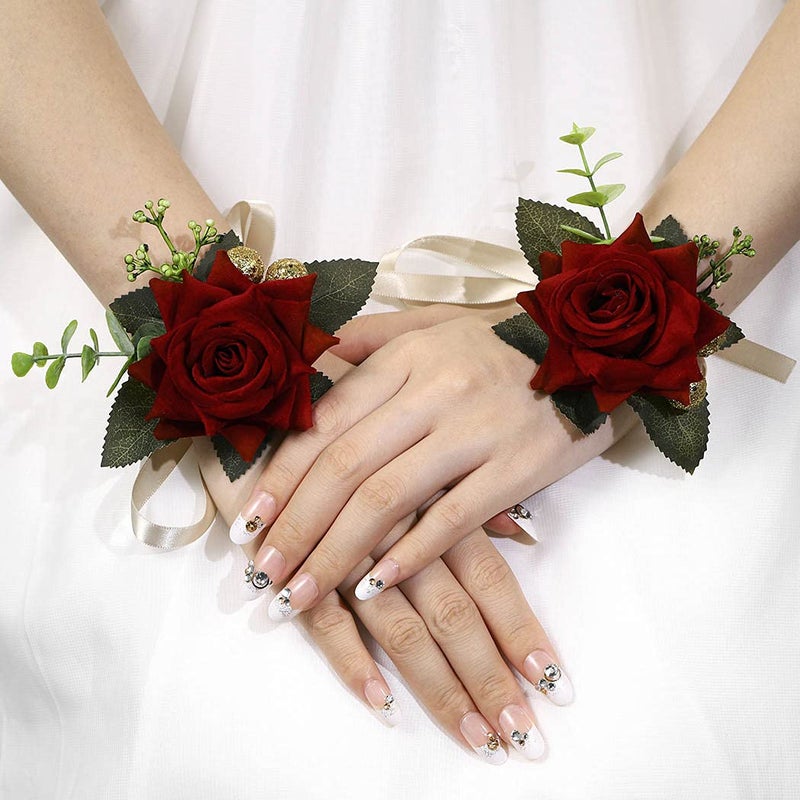 Campsis Red Rose Wrist Corsage, Gold-Accented Artificial Flowers with Satin Ribbon, Wedding and Prom Formal Wear - Image 1